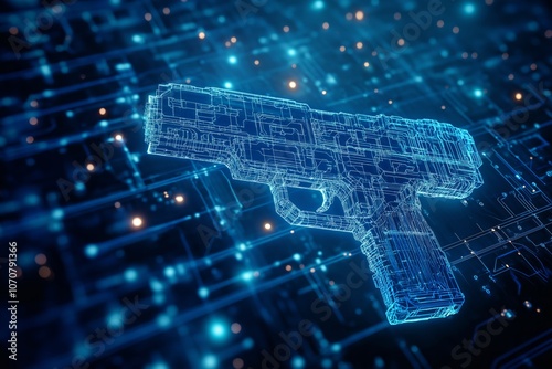 Advanced weapon technology concept. Digital handgun hologram with blue circuitry on a dark futuristic background