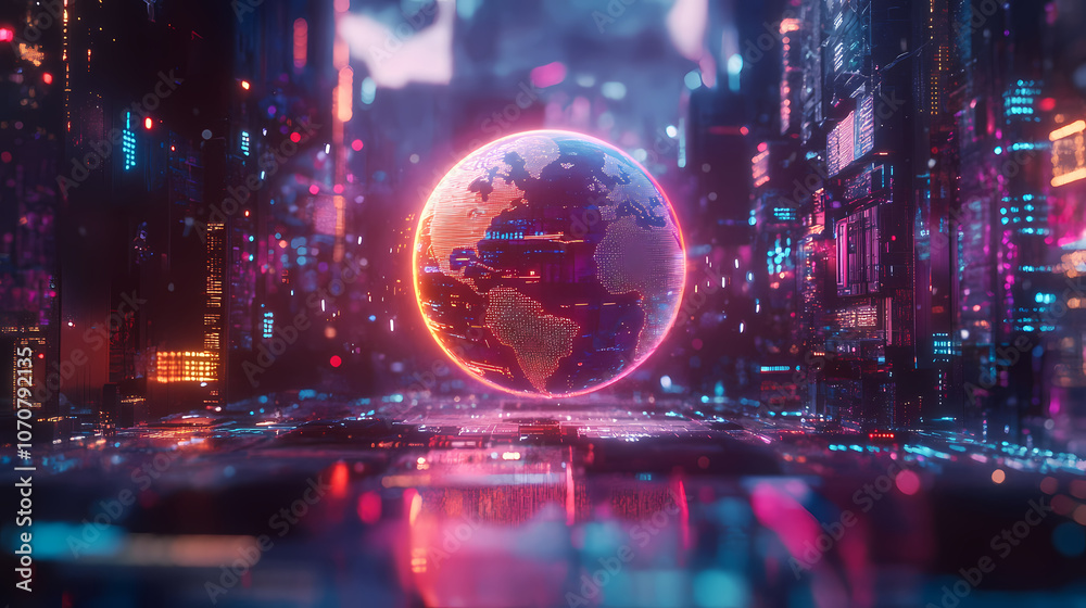 Digital Earth: A stunning digital representation of the Earth, suspended amidst an intricate network of digital pathways, glowing circuits, and neon lights. Digital Earth: A stunning digital representation of the Earth, suspended amidst an intricate network of digital pathways, glowing circuits, and neon lights.