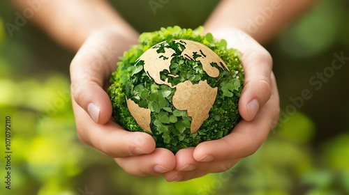 Hands holding a globe covered in green leaves, symbolizing sustainability and care for the planet.