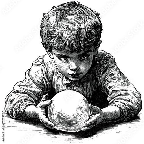 Engraved Black and White Woodcut of a Victorian Child with Crystal Ball