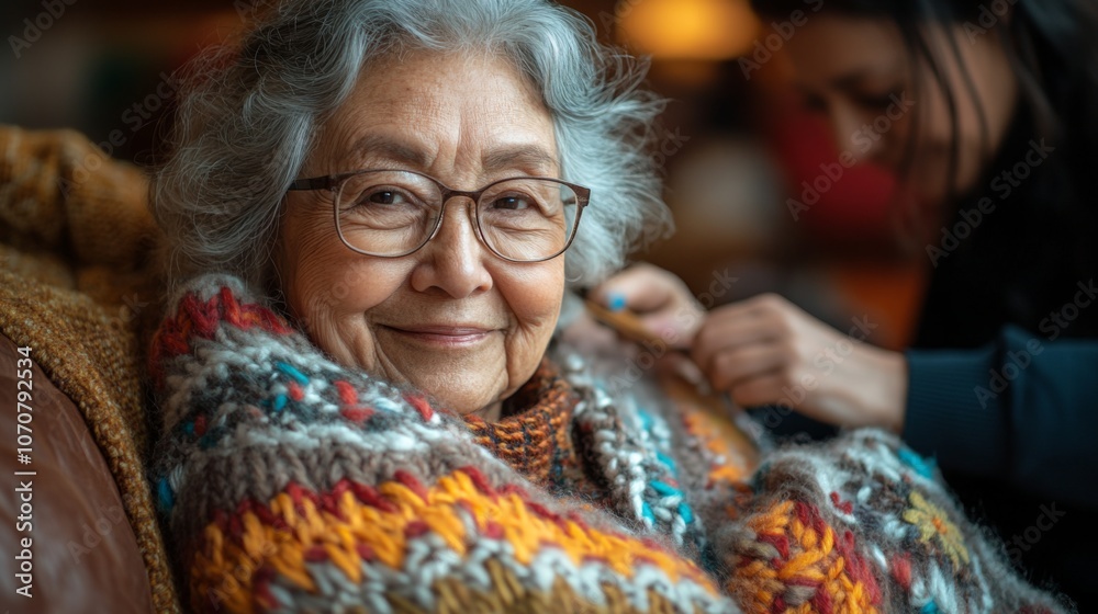 An elderly woman with gray hair smiles warmly while wearing a vibrant, knitted blanket. In the background, a caregiver gently adjusts her shawl, creating a comforting atmosphere. An elderly woman with gray hair smiles warmly while wearing a vibrant, knitted blanket. In the background, a caregiver gently adjusts her shawl, creating a comforting atmosphere.