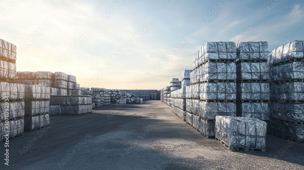 Bulk aluminum recycling yard, neatly stacked bales for efficient waste management. Bulk aluminum recycling yard, neatly stacked bales for efficient waste management.