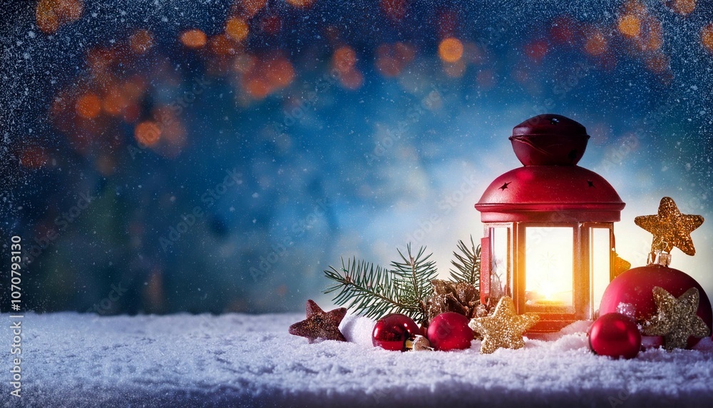 christmas lantern on snow with decorations in abstract cold night christmas lantern on snow with decorations in abstract cold night