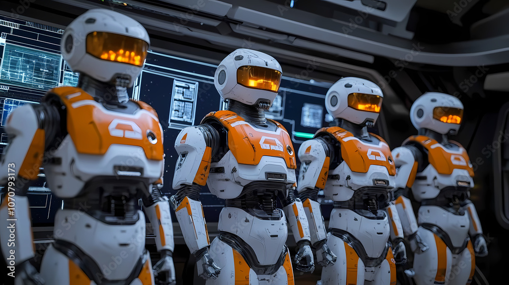 Five Futuristic Robots with Orange and White Designs Standing in Front of a Screen in a Sci-Fi Space Station Interior – Hyper-Realistic, High-Definition Wide-Angle Professional Photograph Five Futuristic Robots with Orange and White Designs Standing in Front of a Screen in a Sci-Fi Space Station Interior – Hyper-Realistic, High-Definition Wide-Angle Professional Photograph
