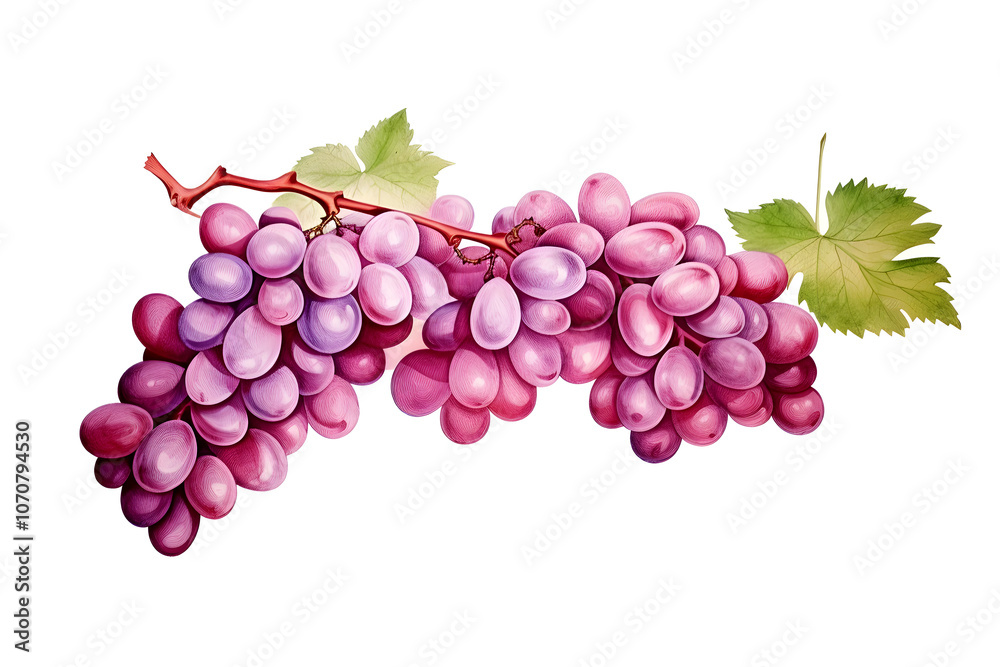 Fototapeta premium Photography of Fresh Vibrant Red or Purple Grapes or Currants on Vine and Leaves Isolated on Clean White Canvas Landscape Background