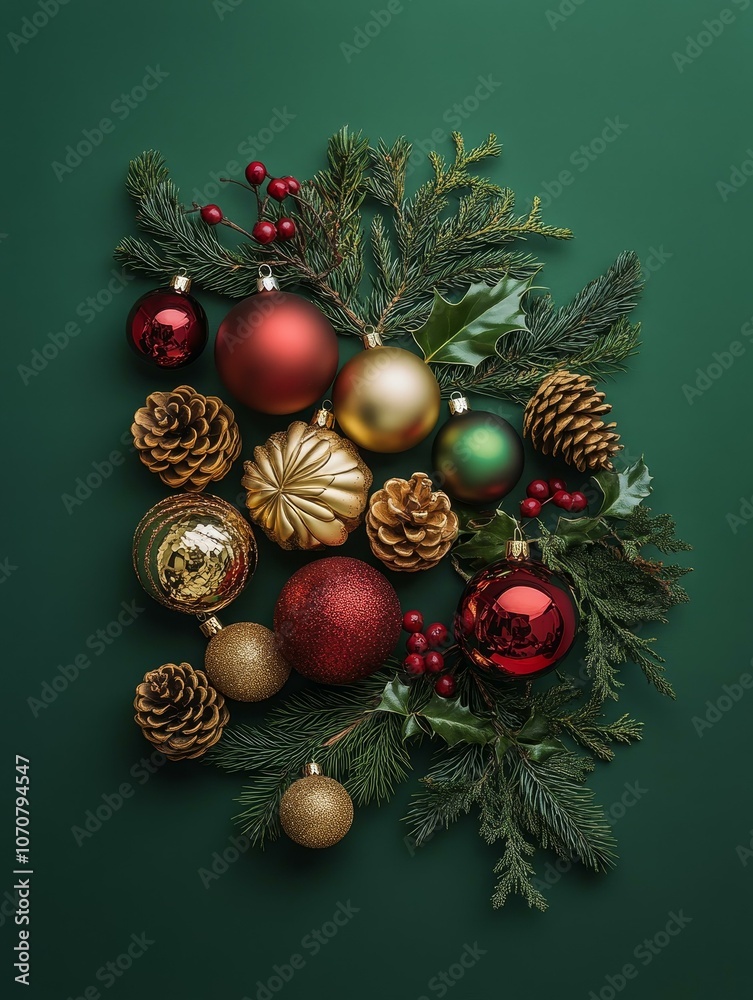 A beautifully arranged flat lay of Christmas ornaments, pine branches, holly, and pine cones, symbolizing the joy, tradition, and beauty of the holiday season. A beautifully arranged flat lay of Christmas ornaments, pine branches, holly, and pine cones, symbolizing the joy, tradition, and beauty of the holiday season.
