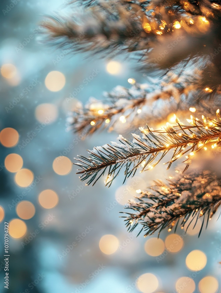 A close-up of a snow-covered Christmas tree branch adorned with twinkling lights, symbolizing joy, celebration, winter, and the magic of the holiday season. A close-up of a snow-covered Christmas tree branch adorned with twinkling lights, symbolizing joy, celebration, winter, and the magic of the holiday season.