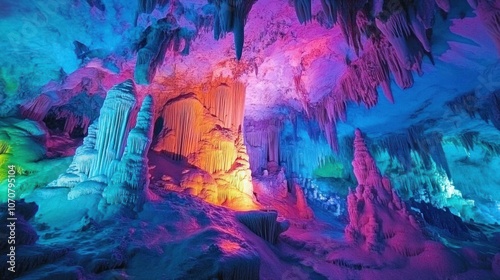 Colorful cave lighting illuminating ancient stalactites and stalagmites, showcasing natural underground beauty.