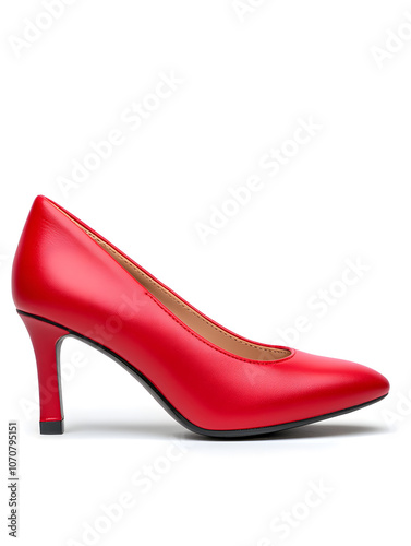 Side view sleek red high-heeled stiletto shoe isolated on white background