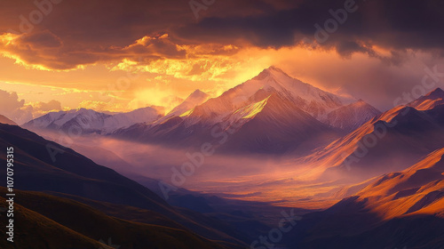 Sunrise over the Tibetan mountains, with golden light illuminating the peaks and the valley below photo