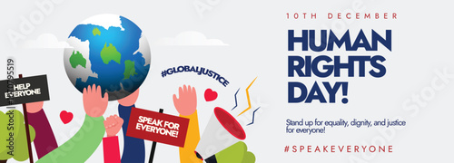 Human rights day. 10th December Human rights cover banner with hands holding earth globe, charts with text: Help everyone . The day recalls adoption of the Universal Declaration of Human Rights.