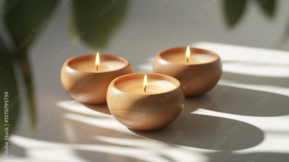 Three wooden bowl candles lit with shadows and leaves for a tranquil atmosphere concept Three wooden bowl candles lit with shadows and leaves for a tranquil atmosphere concept