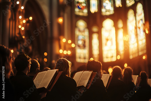 Choir singing during a church service illuminated by warm sunlight and stained glass windows