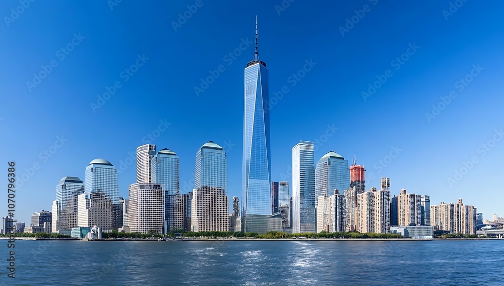 Panoramic view of New York City's skyline showcasing iconic buildings under a clear blue sky with reflections on the water Panoramic view of New York City's skyline showcasing iconic buildings under a clear blue sky with reflections on the water