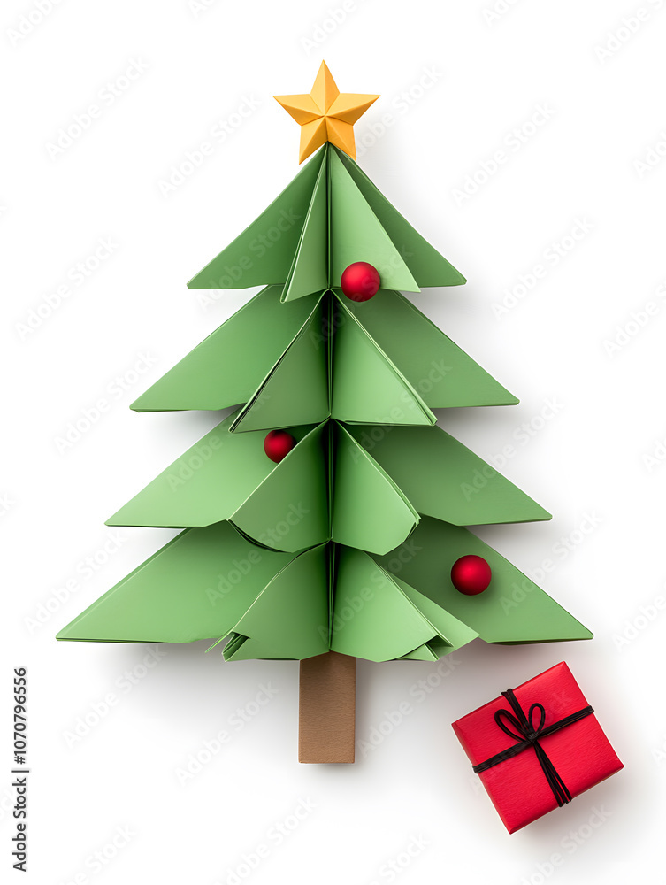 Origami paper Christmas fir tree isolated on white background isolated on white