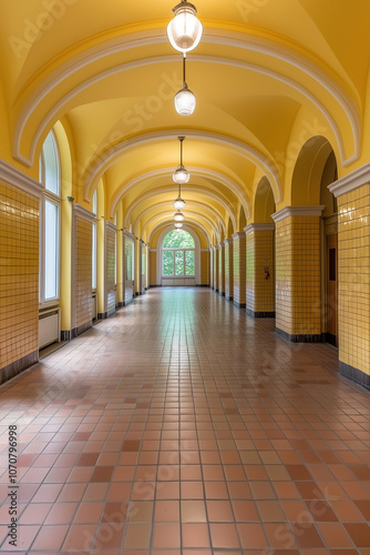 A long, bright corridor with yellow walls and arches in an elegant building