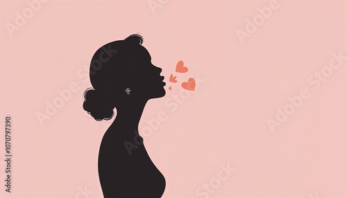 Silhouette of woman blowing heart-shaped kisses on pink background