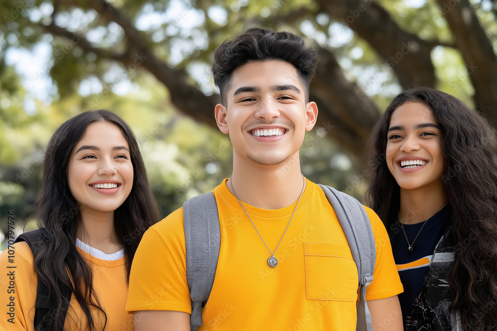 Three cheerful friends in matching outfits enjoying a sunny day outdoors Three cheerful friends in matching outfits enjoying a sunny day outdoors