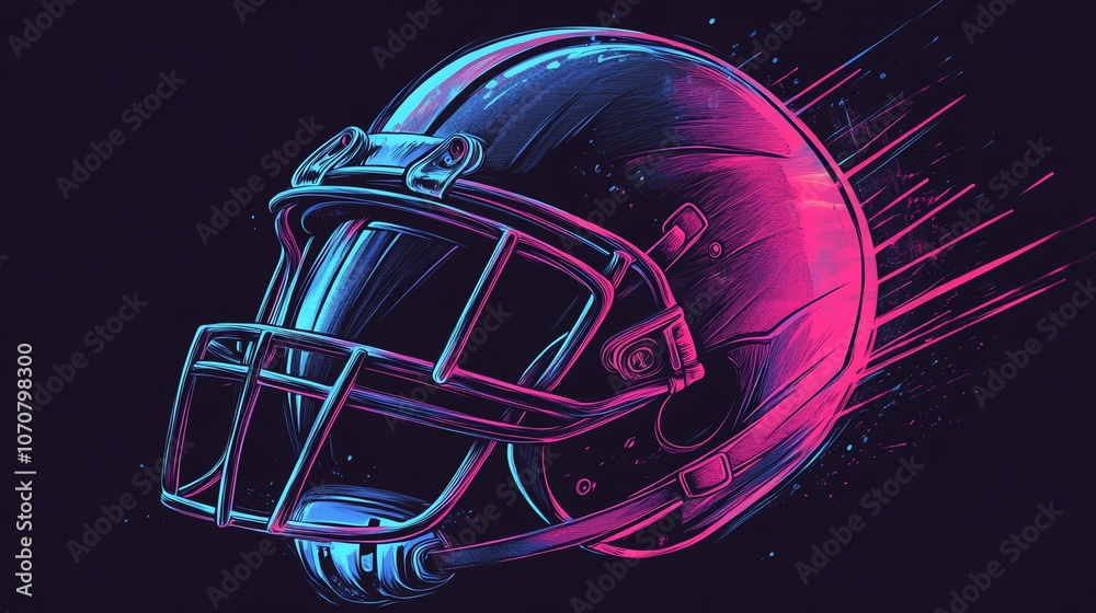 Dynamic illustration of a football helmet with vibrant colors and motion effects against a dark background. Dynamic illustration of a football helmet with vibrant colors and motion effects against a dark background.