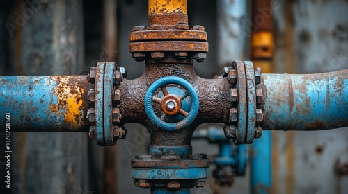 A close-up shot of an industrial pipe system with a control valve, showcasing the intricate details and the ruggedness of heavy machinery. The image emphasizes the importance of industrial infrastruct photo