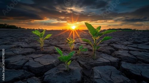 A hopeful sunrise over cracked earth with green plants emerging, symbolizing resilience. photo