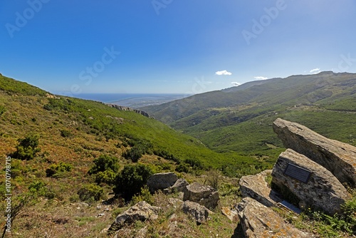 Panoramic view of Corsicas eastern coastline captured from the mountainous inland with lush greenery
