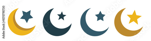 Set of crescent and star icons in multiple styles, symbolizing Islamic culture and festive occasions