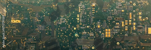 A close-up view of a complex circuit board with intricate patterns of electronic components. This image is perfect for representing technology, innovation, and the complex workings of modern electroni photo