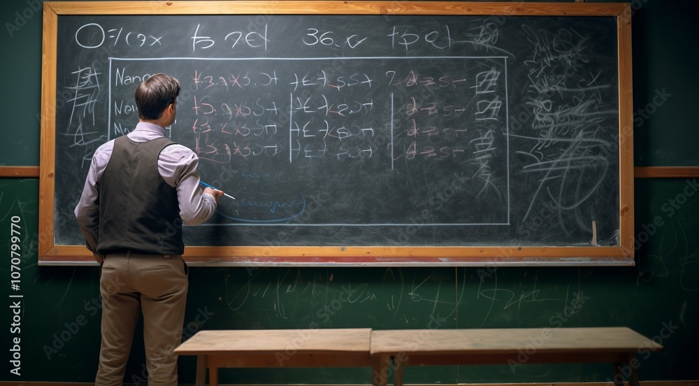 teacher in classroom with blackboard
