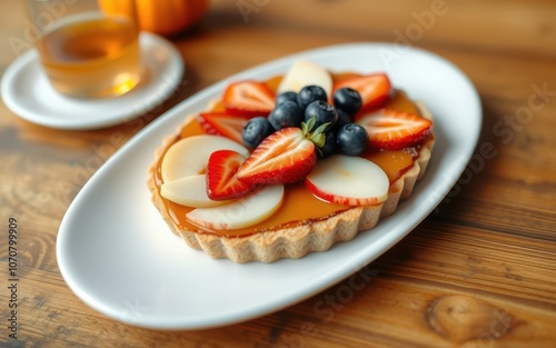 A fruit tart with strawberries, blueberries, and pear slices sits on a white plate on a wooden table photo