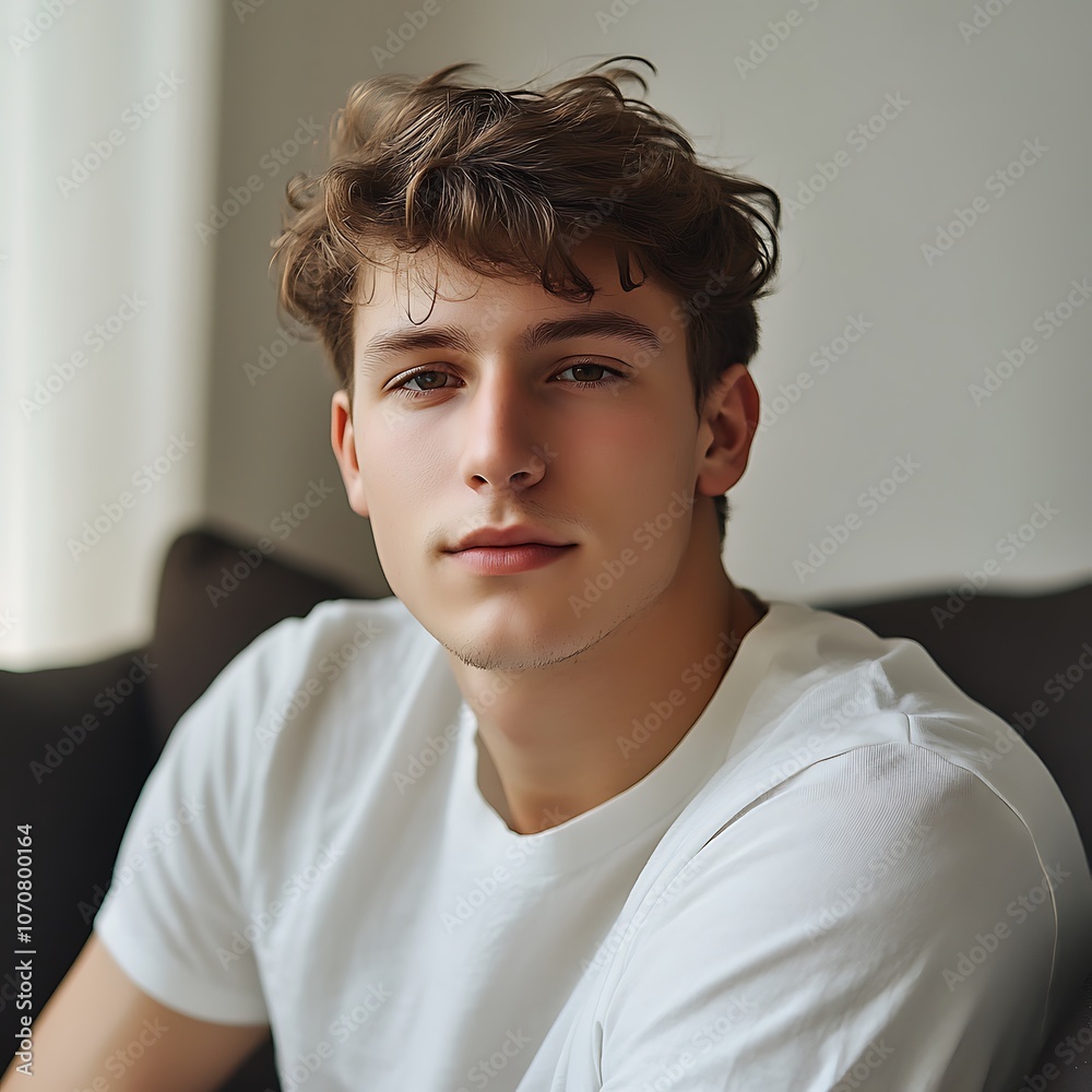 An attractive young man gazing confidently at the camera while seated comfortably indoors in a bright, cozy living space