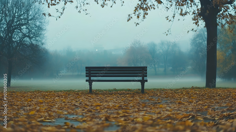 A lonely bench sits in a foggy park covered in fallen leaves. A lonely bench sits in a foggy park covered in fallen leaves.