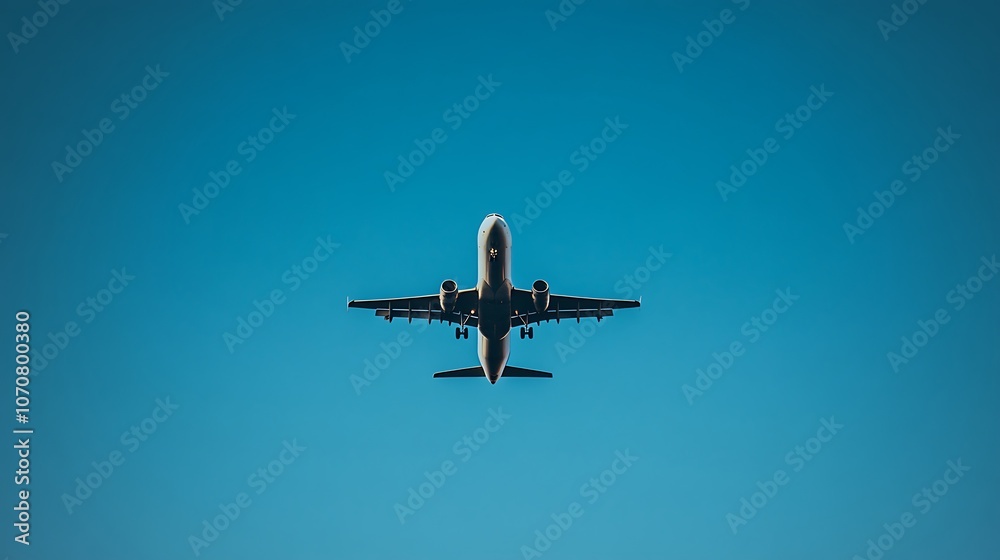 An airplane soars high in a clear blue sky during daylight, showcasing its sleek design and vibrant colors An airplane soars high in a clear blue sky during daylight, showcasing its sleek design and vibrant colors