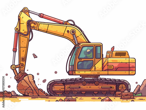 Yellow construction vehicle is digging into the ground. The image has a moody and somewhat ominous feel, as if the machine is digging into something dangerous or unsettling