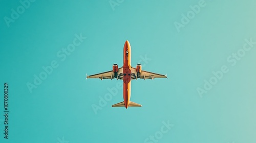 An airplane soaring through a clear blue sky during the day, showcasing its vibrant colors against the tranquil backdrop