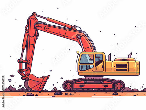 Red and yellow construction vehicle is shown in a cartoonish style. The vehicle is a bulldozer, and it is in the process of digging into the ground. The scene is set in a construction site