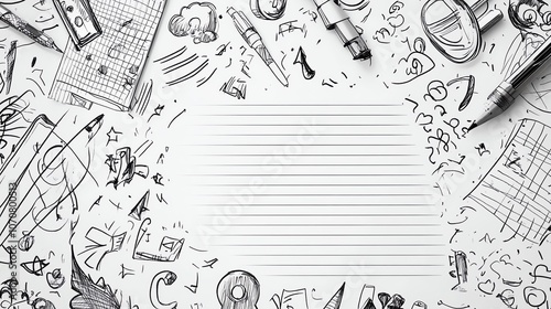 Creative sketchbook background with doodles around a blank space for notes or ideas.