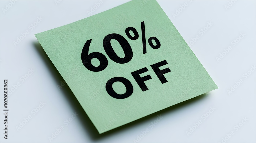 Black '60% OFF' Text on a Green Square Paper Note. White Background with Copy Space Black '60% OFF' Text on a Green Square Paper Note. White Background with Copy Space