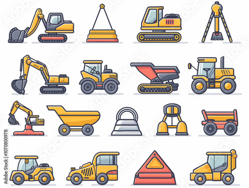 Collection of yellow construction vehicles, including bulldozers, excavators, and dump trucks. The vehicles are arranged in a grid, with some overlapping and others standing alone