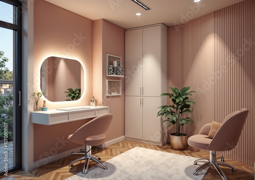 Modern beauty salon interior with stylish chair and vanity mirror for interior design inspiration
