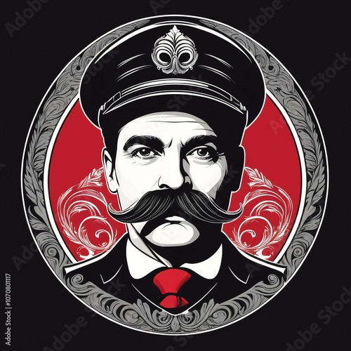 The head of man with mustache, colorful,black and white logo design on white background. photo