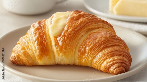 Warm portion satisfaction, a warm croissant with butter melting on top, placed delicately on a neutral-toned plate, creating an inviting and serene feeling.