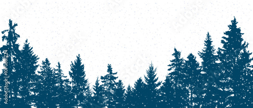 Coniferous winter forest. Beautiful landscape of silhouettes of spruce trees and snowfall. Vector illustration