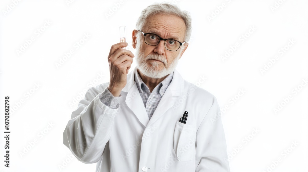 Half-body shot of a senior scientist in a white lab coat, looking thoughtful while holding a test tube, white background. Half-body shot of a senior scientist in a white lab coat, looking thoughtful while holding a test tube, white background.