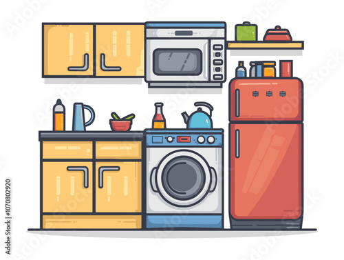 Kitchen furniture and equipment in flat style. Vector illustration of household appliances.