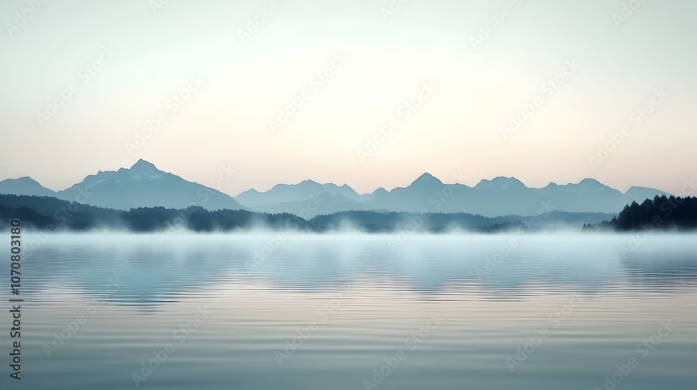 Fototapeta premium Serene morning mist over a tranquil lake with a mountain range in the distance.