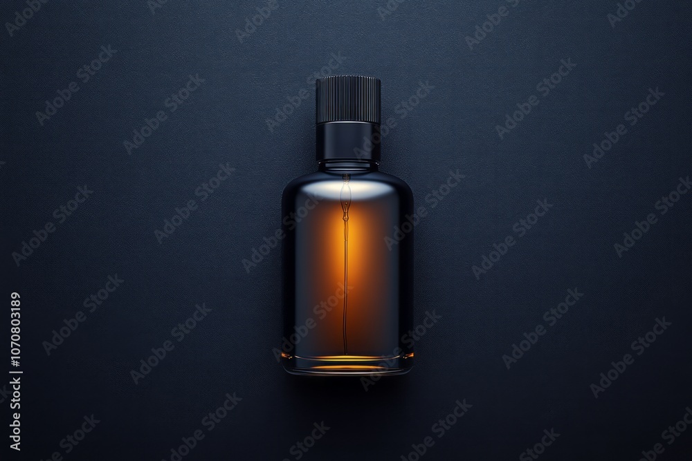 Elegant dark glass bottle with a warm light glow on a textured surface in a minimalist setting Elegant dark glass bottle with a warm light glow on a textured surface in a minimalist setting