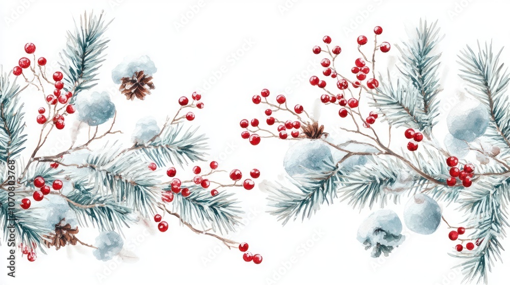 Holiday decor border with frosted fir branches, red berries, and snow on an isolated white background. Holiday decor border with frosted fir branches, red berries, and snow on an isolated white background.