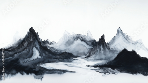 Ink painting of mountains and rivers, with a quote about impermanence, philosophy, japan style