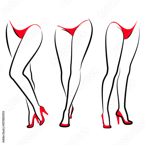 Collection. Silhouette of a beautiful female figure, legs in red high-heeled shoes and a bikini. Standing method. The mouth is thin. Set of vector illustrations